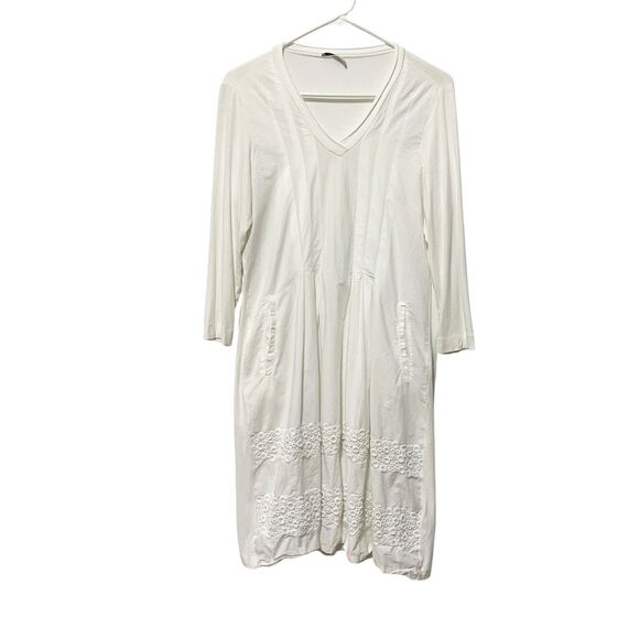 Whyci Womens Size 44 White Pleated V-Neck 3/4 Sleeve Dress Knee Length - Picture 1 of 12
